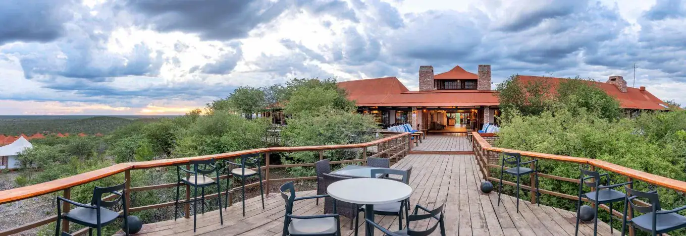 Sunset panorama of the boardwalk viewing deck leading to the main lodge at Etosha Safari Lodge
