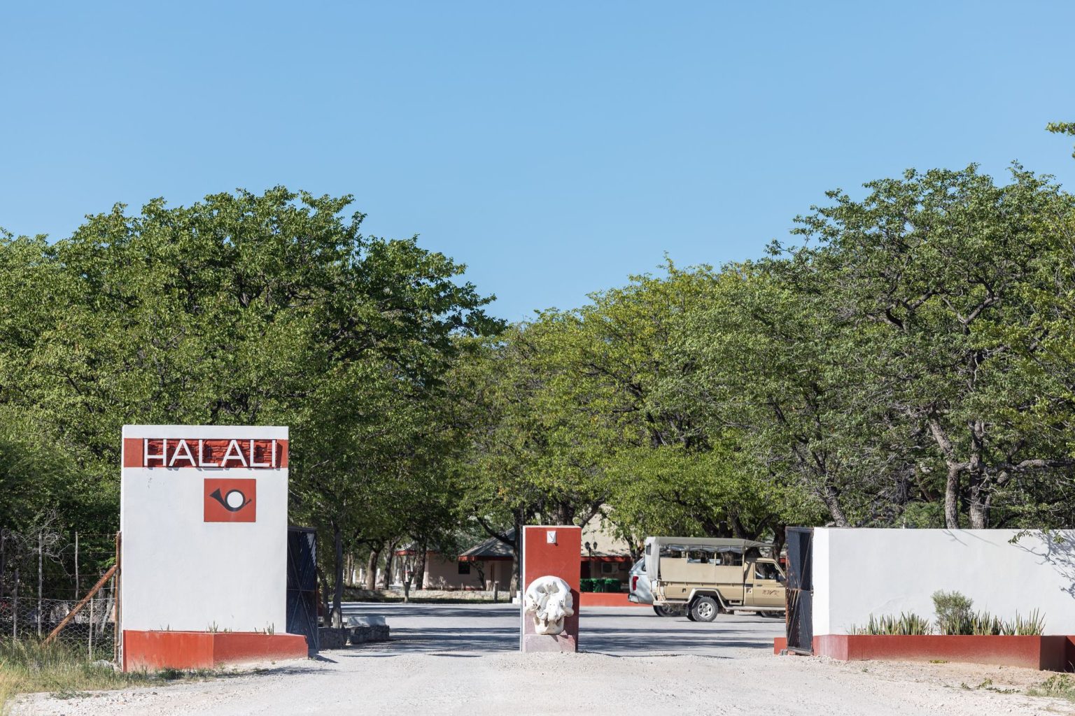 Entrance gate and sign at Halali Camp, Etosha National Park