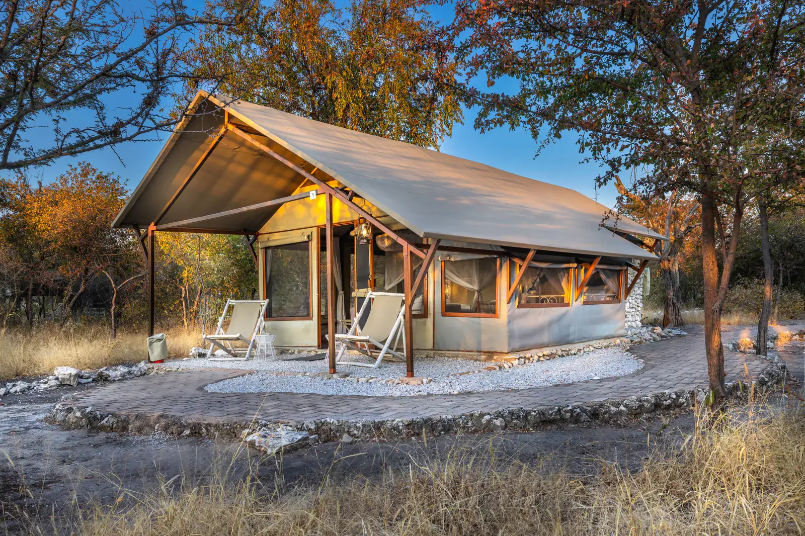 Safari tent glowing at dusk at Mushara Bush Camp with deck chairs on the paved terrace under mopane trees