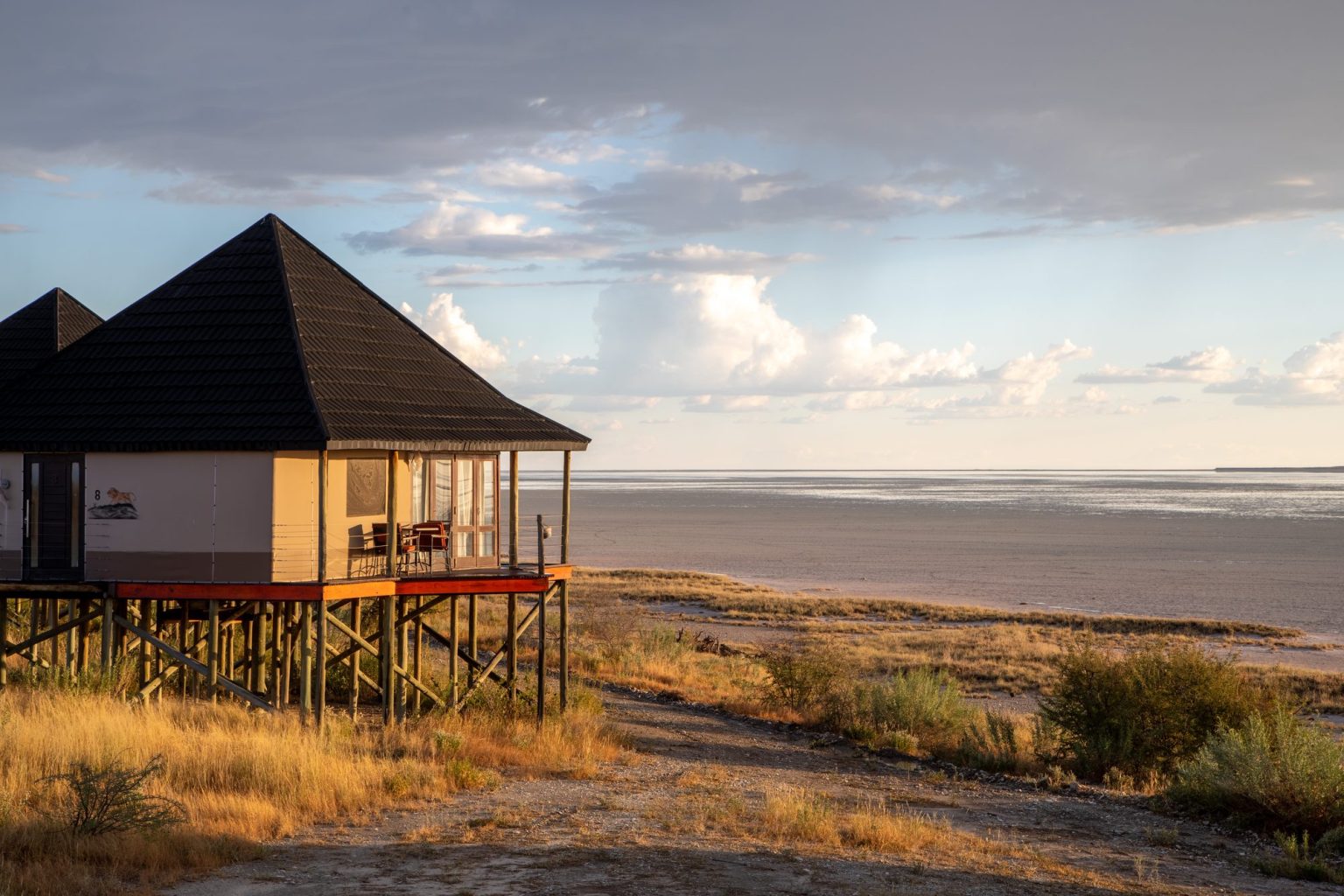 Elevated chalet looking out over the Etosha Pan at Onkoshi Camp