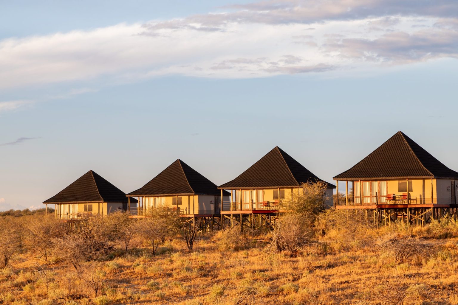 Onkoshi Camp chalets in golden evening light on the pan rim