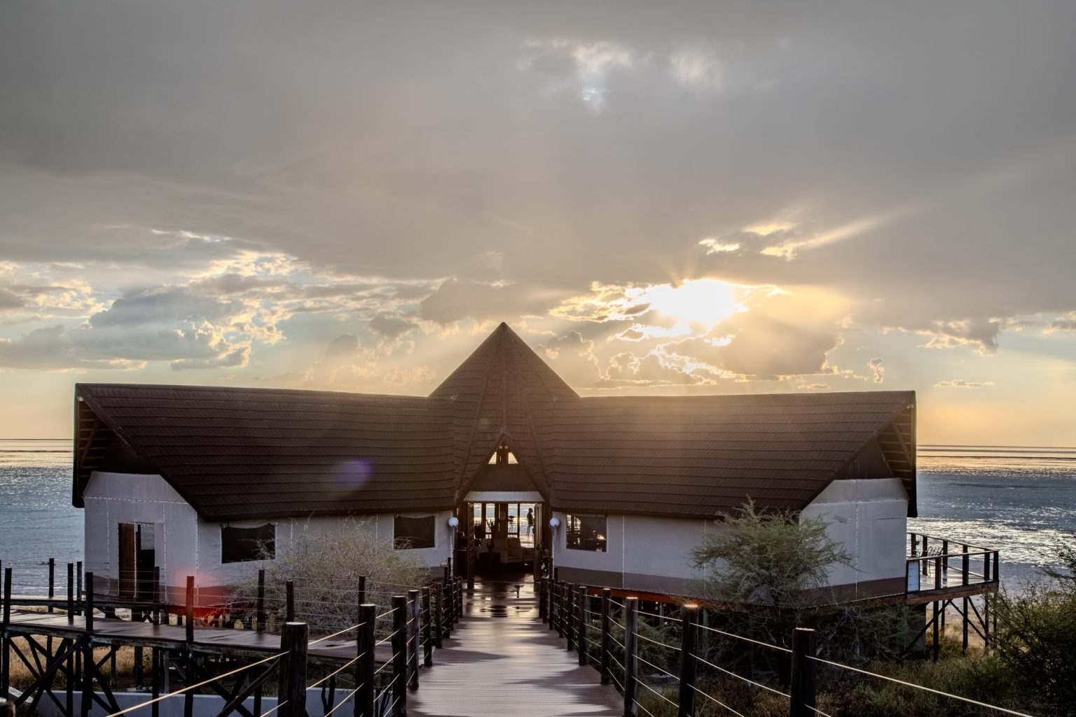 Main lodge entrance and boardwalk at Onkoshi Camp, Etosha
